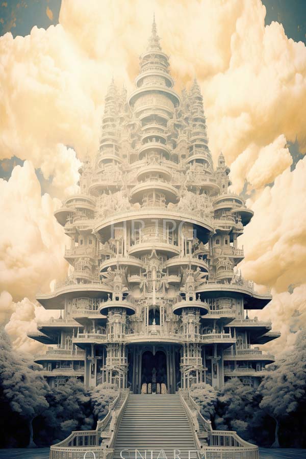 High Resolution: Massive intricately detailed multi-tiered temple with numerous spires is set against a sky filled with fluffy golden clouds featuring ornate carvings and balconies download. | HRJPG.com