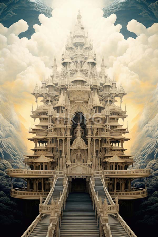 High Resolution: Massive intricately detailed golden palace with multiple tiered roofs and ornate carvings is centered in the scene surrounded by fluffy cloud-filled sky download. | HRJPG.com
