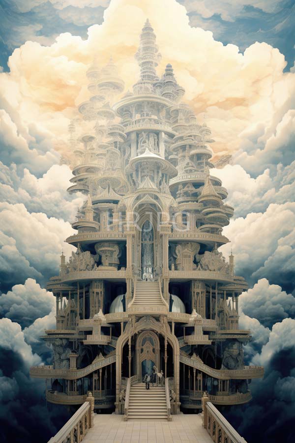 High Resolution: Towering intricately detailed multi-tiered temple-like structure with ornate carvings and arches is set against a dramatic sky filled with fluffy illuminated clouds download. | HRJPG.com
