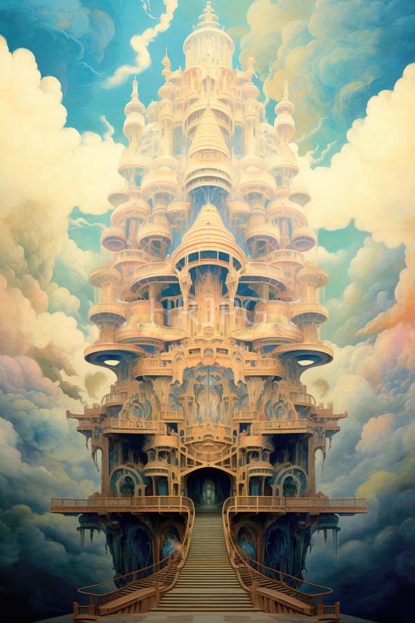 High Resolution: Towering intricately detailed fantasy castle floats in the sky surrounded by fluffy pastel-colored clouds featuring multiple tiered ornate structures with circular roofs download. | HRJPG.com