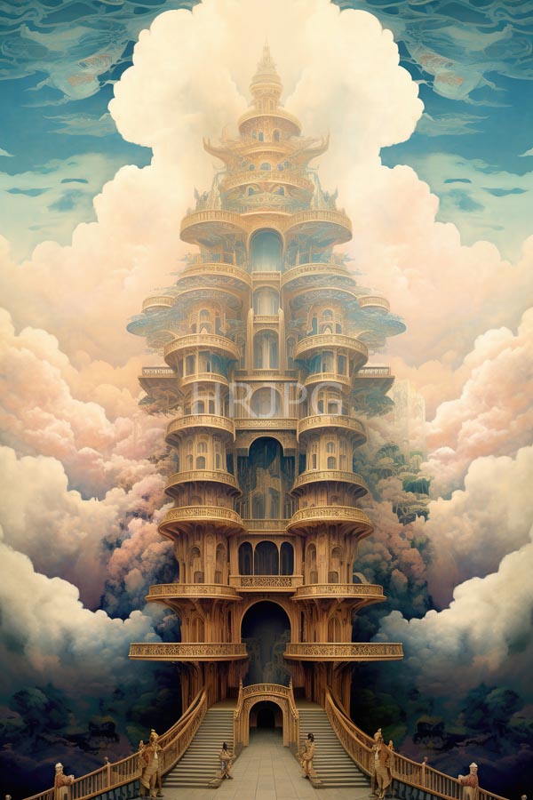 High Resolution: Towering ornate multi-tiered pagoda-like building rises from a stone staircase surrounded by fluffy pink and white clouds featuring intricate golden details and balconies download. | HRJPG.com