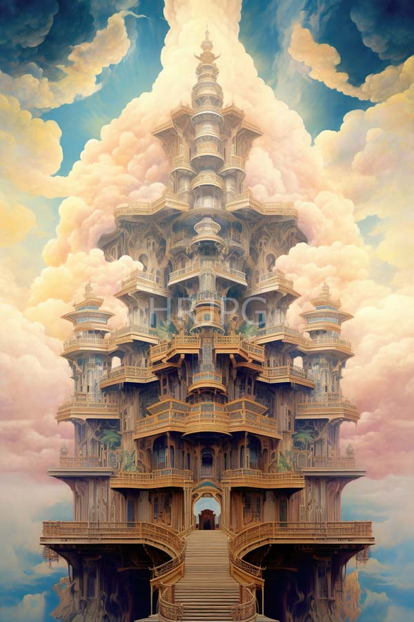 High Resolution: Towering intricately detailed multi-tiered castle rises from a cliff enveloped in fluffy pink and white clouds featuring ornate balconies arched windows and golden railings download. | HRJPG.com