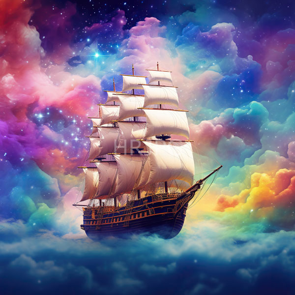 High Resolution: Majestic dark wooden sailing ship with white billowing sails floats among vibrant colorful clouds in a starry cosmic sky showing intricate details download. | HRJPG.com