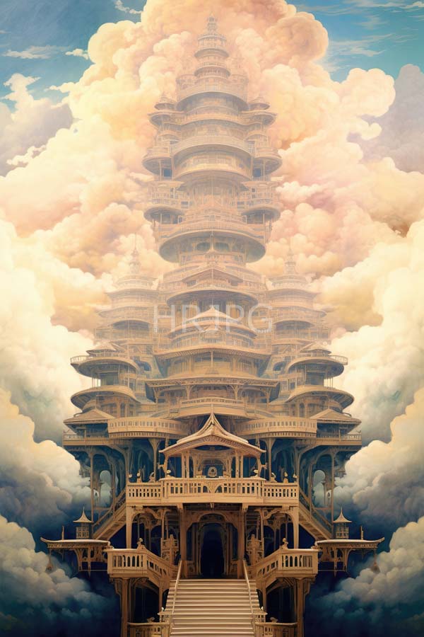 High Resolution: Towering intricately detailed multi-tiered Asian-style temple rises into a sky filled with fluffy golden clouds featuring ornate balconies pagoda roofs and a grand staircase download. | HRJPG.com