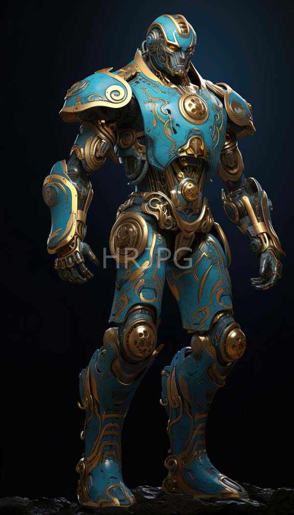 High Resolution: Highly detailed futuristic humanoid robot stands against a dark background adorned in ornate blue and gold armor with intricate swirling patterns download. | HRJPG.com