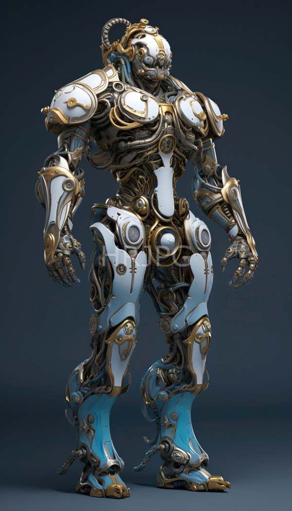 High Resolution: Futuristic humanoid robot with a muscular build features a blend of white gold and blue metallic armor with intricate swirling designs and a horn-like head download. | HRJPG.com