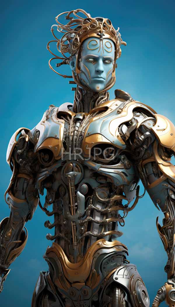 High Resolution: Futuristic humanoid robot with a blue-skinned face intricate golden and silver mechanical armor and swirling golden hair stands against a clear blue sky download. | HRJPG.com