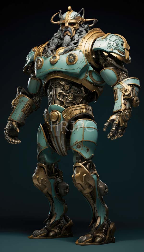 High Resolution: Towering muscular humanoid robot with a bearded horned face has teal and gold armor with intricate designs and mechanical joints download. | HRJPG.com