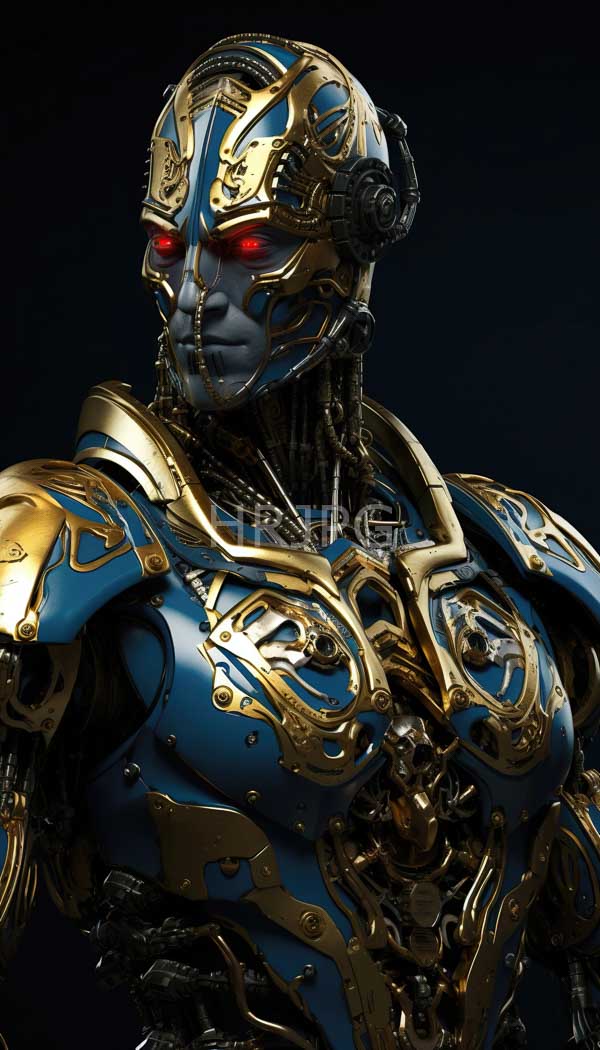 High Resolution: Futuristic humanoid robot with a blue and gold armored exterior has a metallic intricately designed helmet with red glowing eyes and visible mechanical components download. | HRJPG.com