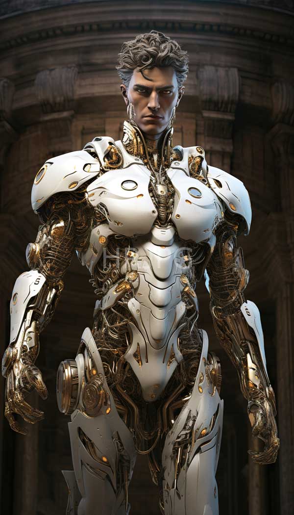 High Resolution: Muscular handsome man with curly brown hair wears a highly detailed white and gold robotic exosuit featuring intricate metallic patterns and exposed mechanical components download. | HRJPG.com