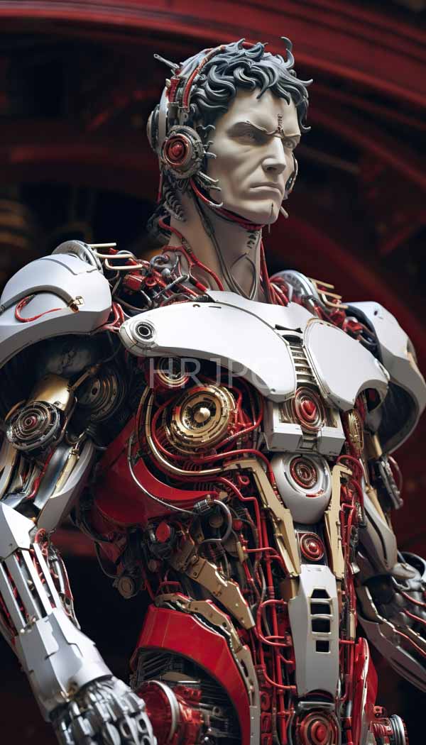 High Resolution: Highly detailed futuristic humanoid robot with a muscular build white and red metallic armor and intricate mechanical components features a human-like face download. | HRJPG.com