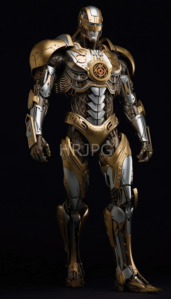 High Resolution: Futuristic humanoid robot with a muscular build standing against a black background has metallic gold and silver armor with intricate circuit-like patterns download. | HRJPG.com