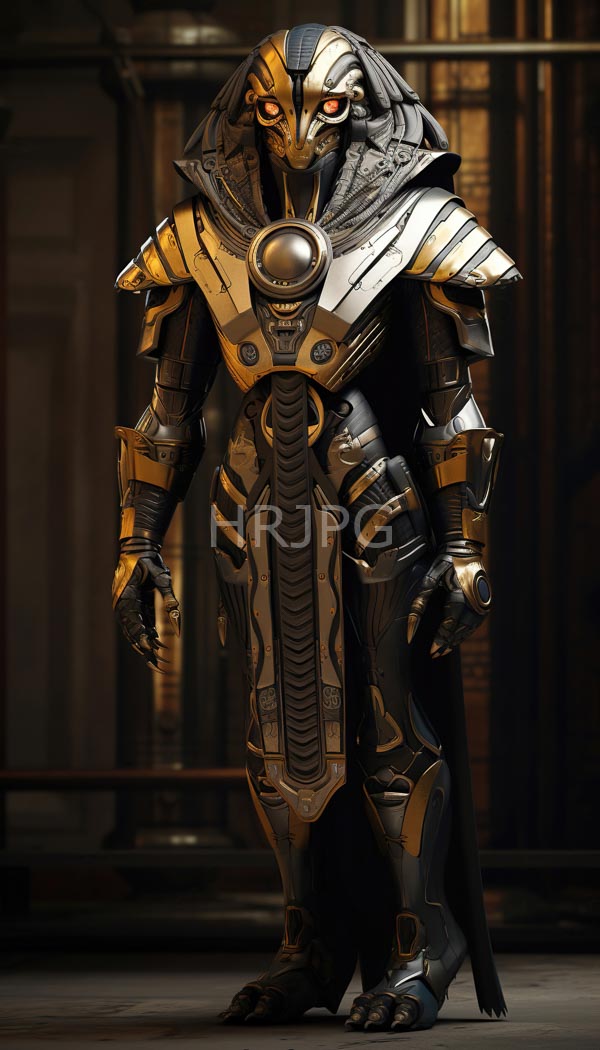 High Resolution: Humanoid robot with an Egyptian-inspired design features a metallic segmented body ornate shoulder plates a hooded headpiece and glowing red eyes download. | HRJPG.com