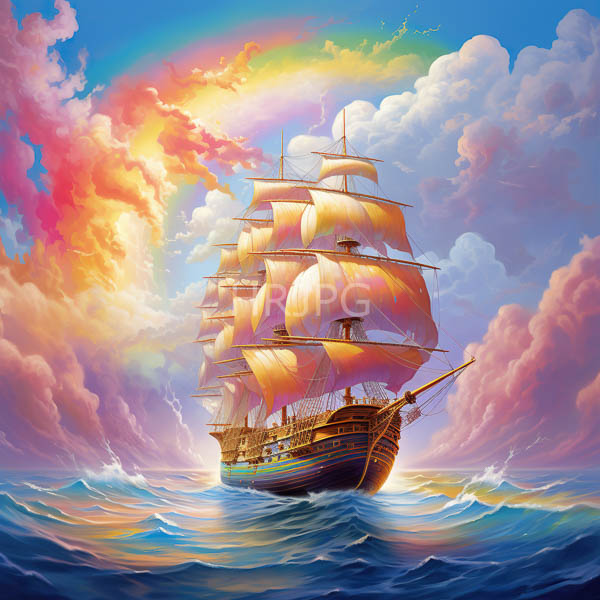 High Resolution: Majestic wooden three-masted ship with billowing pink and orange sails sails through vibrant rainbow-colored waves centered beneath a radiant rainbow and colorful fluffy clouds download. | HRJPG.com