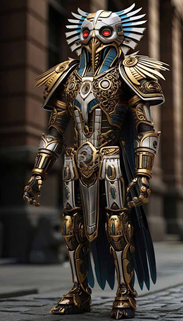 High Resolution: Futuristic armored humanoid figure with a metallic gold and silver helmet featuring blue feather-like extensions wears intricate ornate armor with blue and red accents download. | HRJPG.com