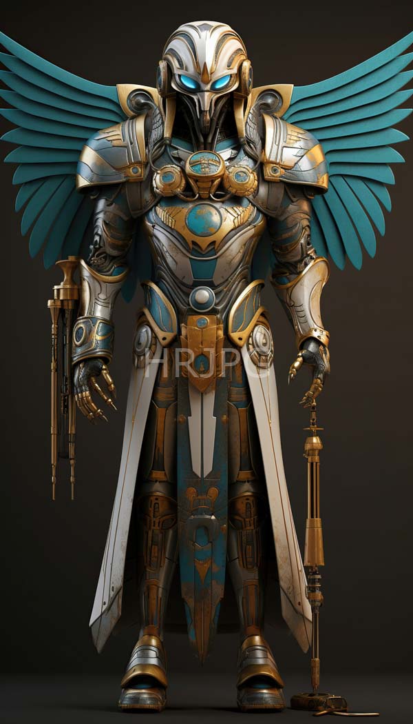 High Resolution: Futuristic armored warrior with blue wings a metallic helmet and glowing blue eyes has silver armor with gold and blue accents and intricate designs download. | HRJPG.com