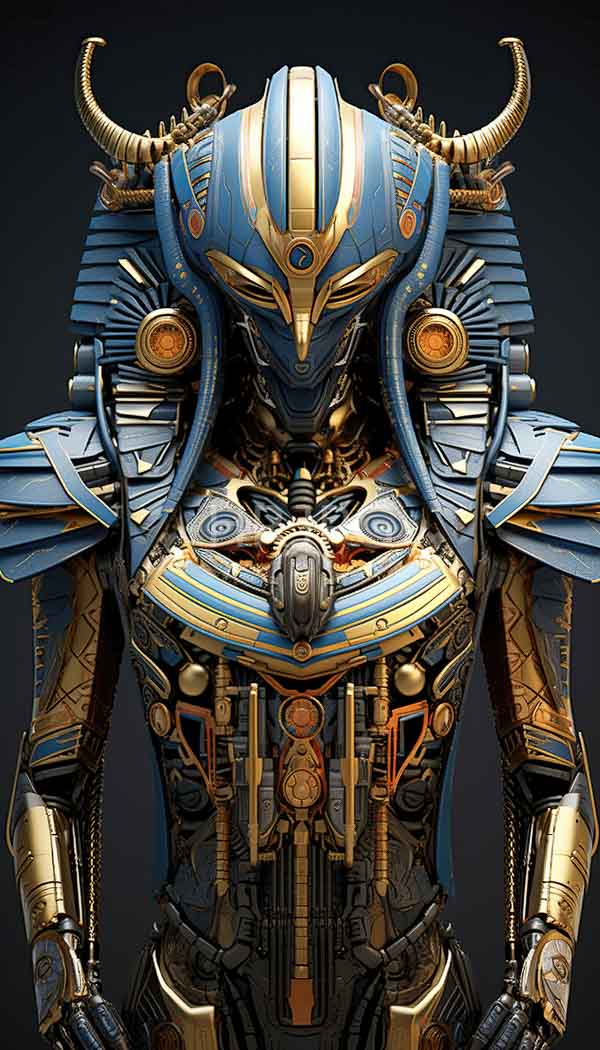 High Resolution: Futuristic humanoid robot with an Egyptian-inspired design has a blue and gold helmet with horns intricate patterns and a visor-like face download. | HRJPG.com