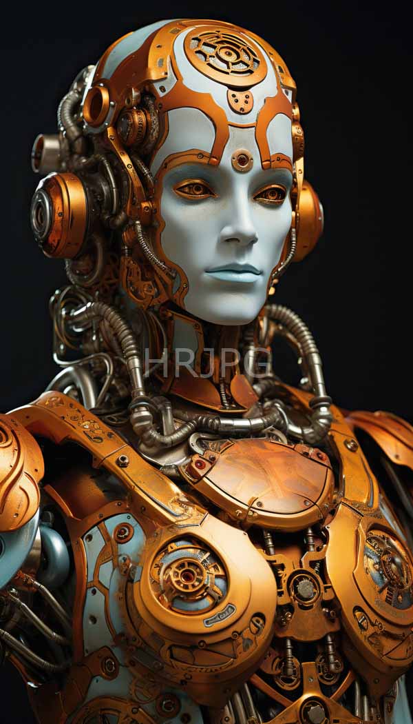 High Resolution: Futuristic humanoid robot with a pale blue face orange and copper mechanical armor intricate wiring and a detailed circular emblem on the forehead has a calm expression download. | HRJPG.com