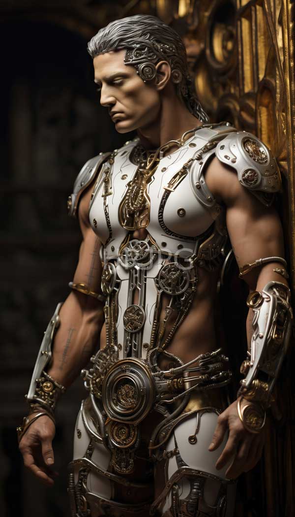 High Resolution: Muscular silver-haired man with a stern expression wears intricate white and gold steampunk-style armor featuring detailed mechanical elements visible gears and chains download. | HRJPG.com