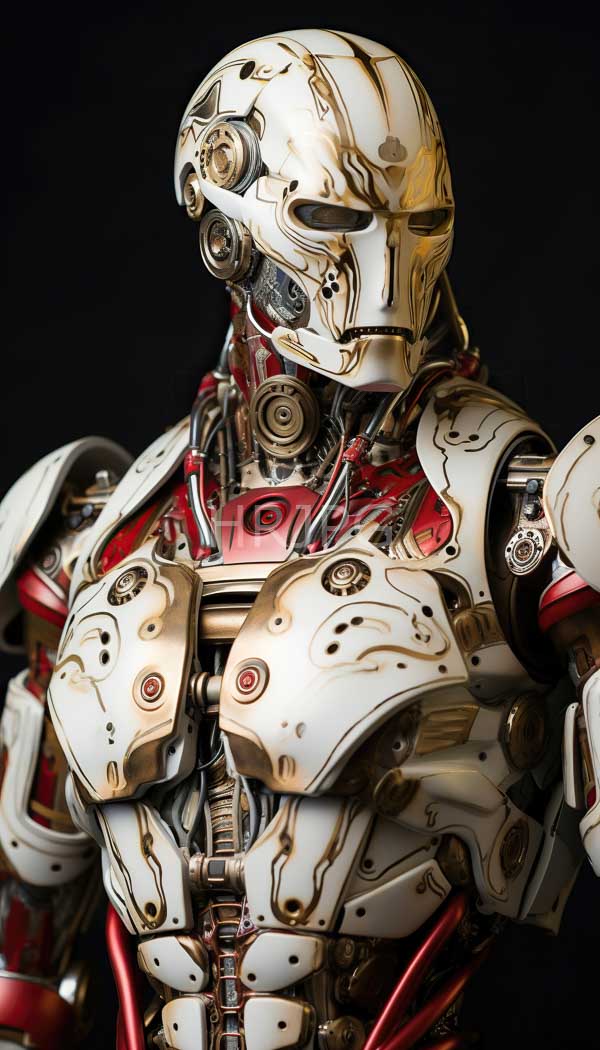 High Resolution: Futuristic armored humanoid robot with a white intricately patterned helmet and chest plate features red and gold accents and visible mechanical joints and circuitry download. | HRJPG.com