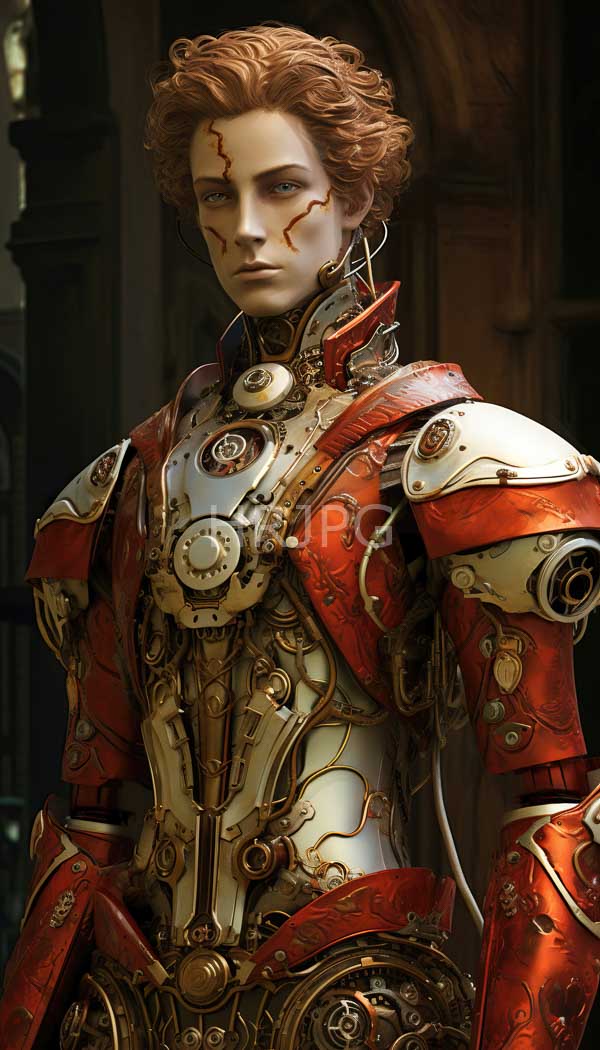 High Resolution: Young androgynous red-haired person with curly hair wears intricate steampunk-style armor mixed with red gold and silver and detailed gears and mechanical elements download. | HRJPG.com