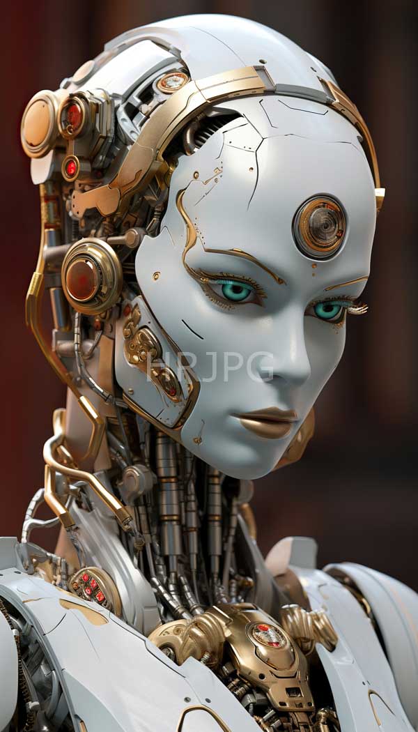 High Resolution: Female humanoid robot with a white smooth and slightly cracked faceplate features teal eyes gold and red mechanical components intricate wiring and a gold adorned head download. | HRJPG.com