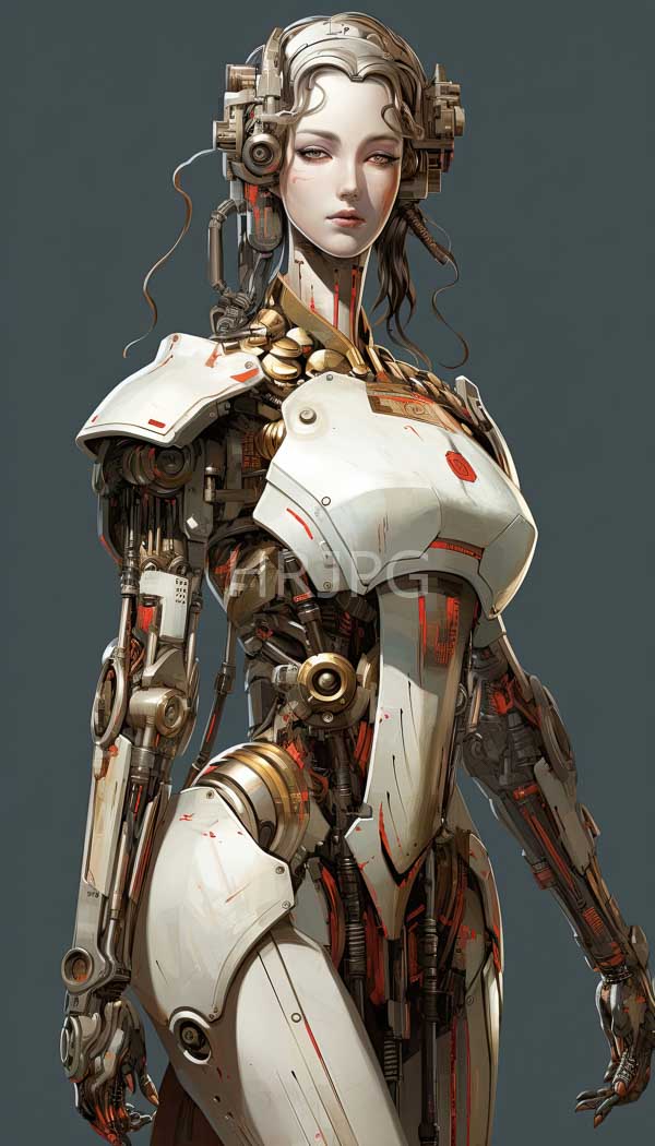 High Resolution: Female humanoid robot with a sleek white armored body has a pale smooth face with subtle mechanical features and curly metallic hair download. | HRJPG.com