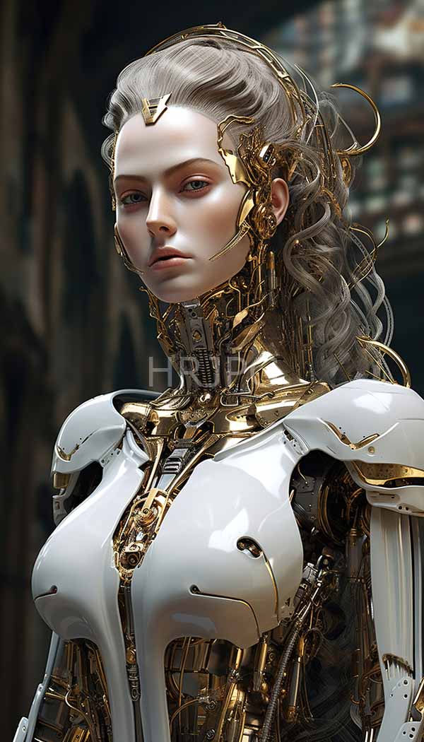 High Resolution: Highly detailed humanoid female robot with pale skin and silver wavy hair features a sleek white and gold-plated exoskeleton with prominent mechanical components download. | HRJPG.com