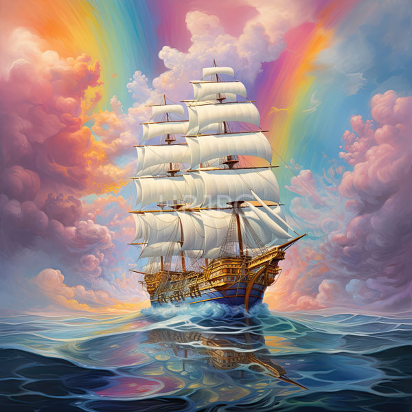 High Resolution: Majestic wooden three-masted ship with billowing white sails sails through vibrant rainbow-colored cloudy skies with its reflection shimmering on the rippling blue ocean download. | HRJPG.com