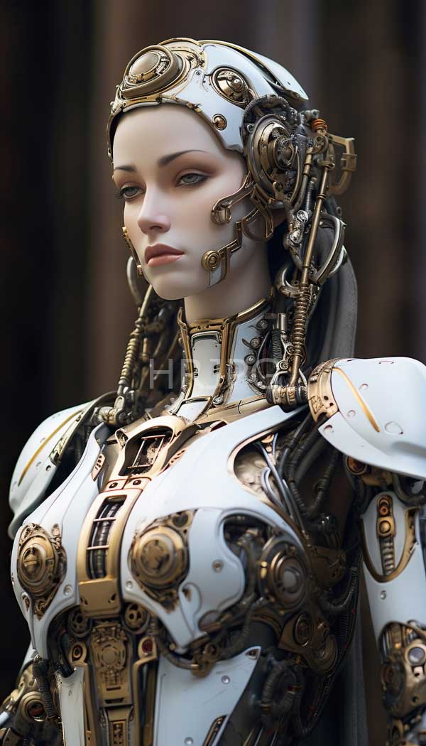 High Resolution: Female android with pale skin blue eyes and delicate features has intricate gold and white mechanical armor with exposed gears and a steampunk headpiece download. | HRJPG.com