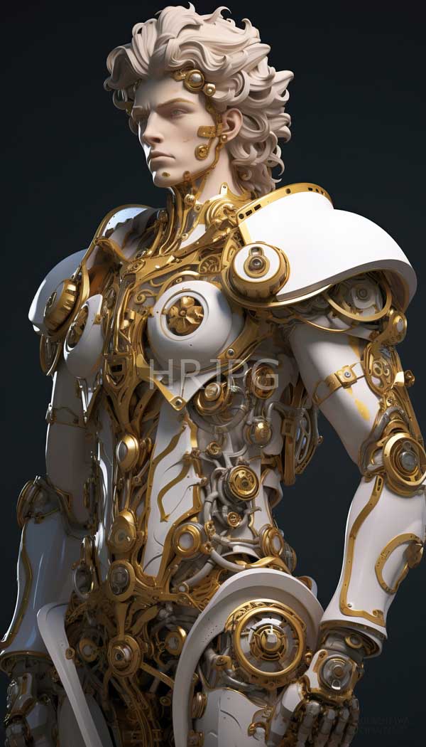 High Resolution: Muscular white-skinned androgynous humanoid figure with curly platinum blonde hair wears intricate gold and white futuristic armor featuring mechanical details and spiral patterns download. | HRJPG.com