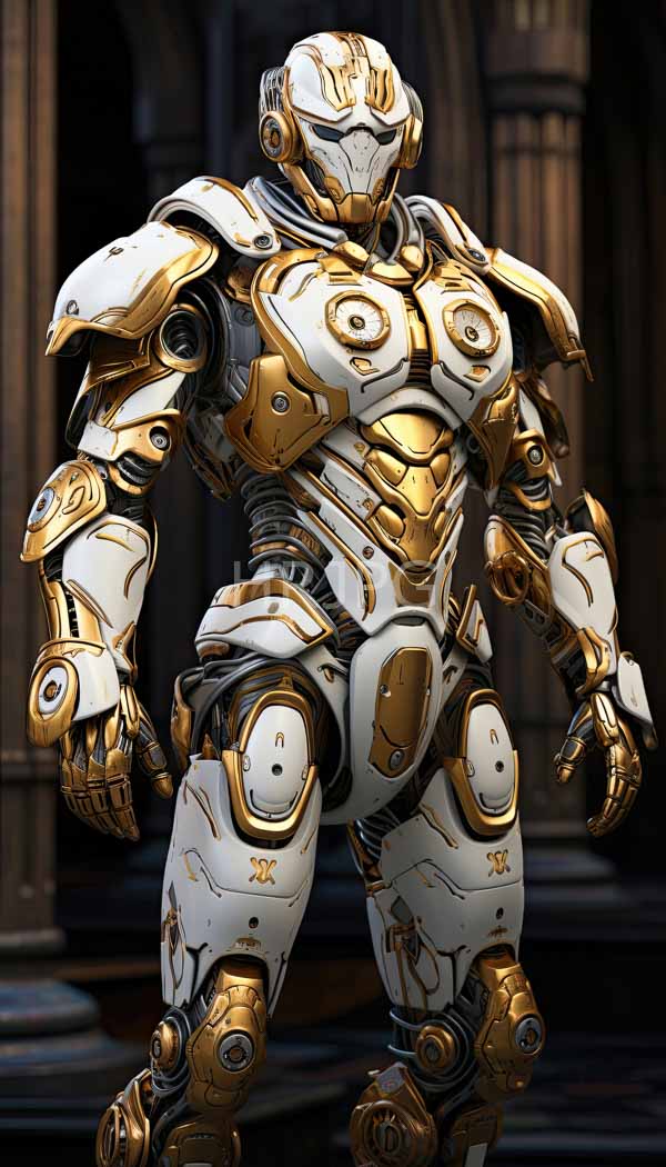 High Resolution: Muscular humanoid robot in ornate white and gold armor with intricate circular patterns stands in a dimly lit ancient architectural setting with columns download. | HRJPG.com