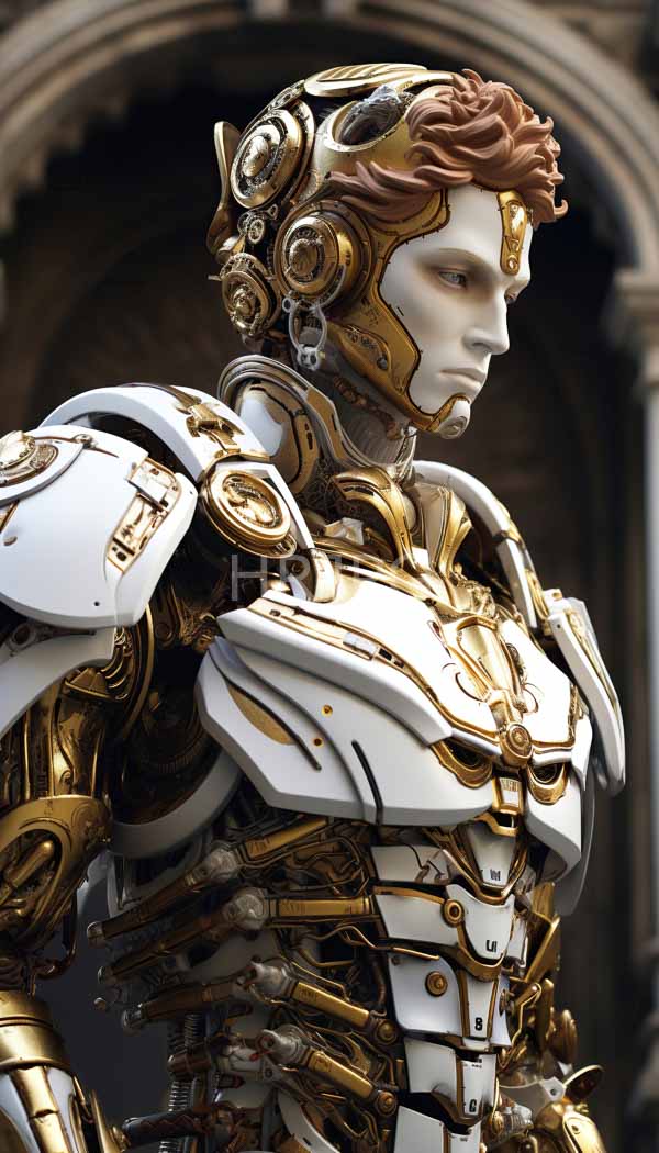 High Resolution: Futuristic humanoid robot with a white marble-like face and intricate gold and white armor has wavy brown hair and a mechanical headpiece with gears download. | HRJPG.com