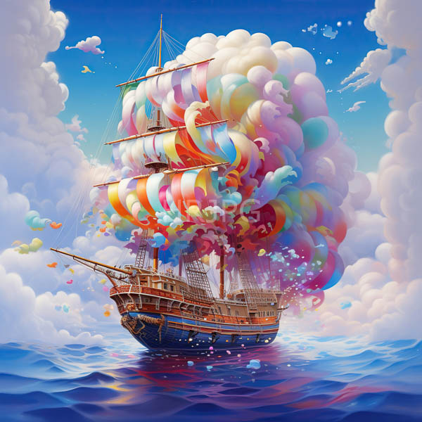 High Resolution: Colorful whimsical pirate ship with vibrant swirling clouds and balloons enveloping its masts floats on a calm blue ocean with gold accents download. | HRJPG.com