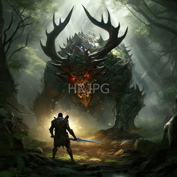 High Resolution: Brave warrior with a glowing blue sword faces a massive terrifying horned red-eyed monster with jagged scales and sharp teeth in a dense misty forest download. | HRJPG.com