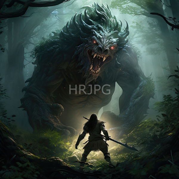 High Resolution: Towering menacing werewolf-like creature with glowing red eyes and sharp teeth looms over a small armored warrior holding a spear in a dense misty forest download. | HRJPG.com
