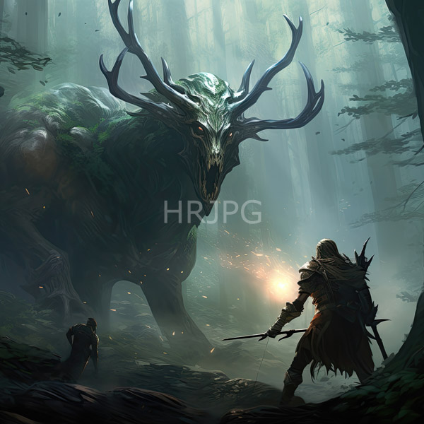 High Resolution: Forest scene features a towering skeletal antlered beast with glowing red eyes facing two armored warriors one holding a glowing torch download. | HRJPG.com
