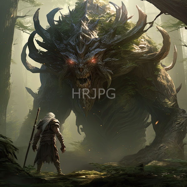 High Resolution: Small armored warrior with a white hood and long beard stands with a spear in a misty forest facing a towering menacing horned beast download. | HRJPG.com