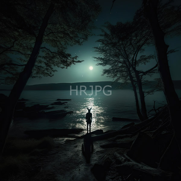 High Resolution: Silhouetted figure with a raised arm stands on a rocky shoreline under a moonlit night surrounded by tall dark trees with sparse foliage download. | HRJPG.com