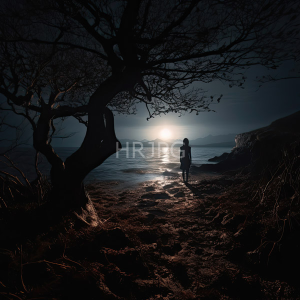 High Resolution: Silhouetted person stands on a dark grassy shoreline at night with a glowing full moon reflecting on a calm sea framed by a twisted leafless tree download. | HRJPG.com