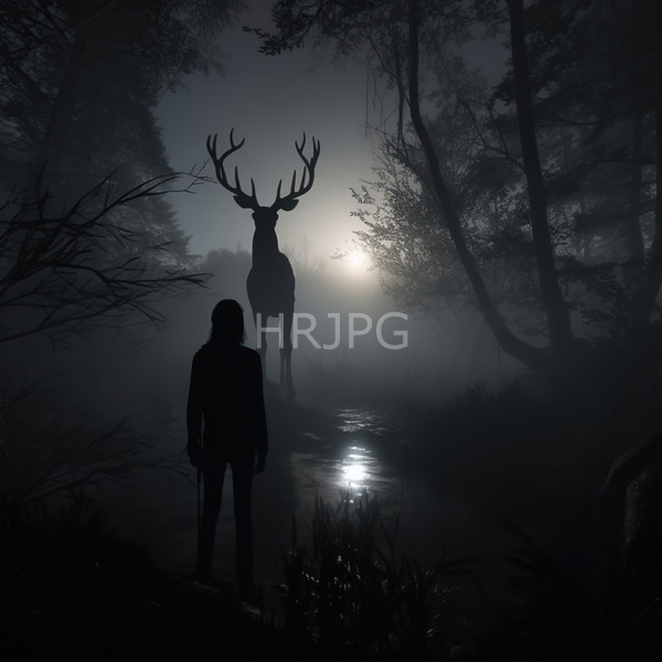 High Resolution: Misty forest at dawn features a silhouetted human figure standing in the foreground facing a large stag with impressive antlers in a reflective stream download. | HRJPG.com