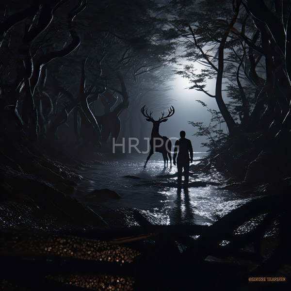 High Resolution: Silhouetted human figure walks through a dark misty forest at night following a reflective stream where a majestic deer with large antlers stands ahead download. | HRJPG.com