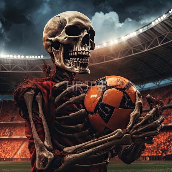 High Resolution: Skeletal figure with a human skull holds a worn orange and black soccer ball revealing exposed bones and tattered red clothing download. | HRJPG.com