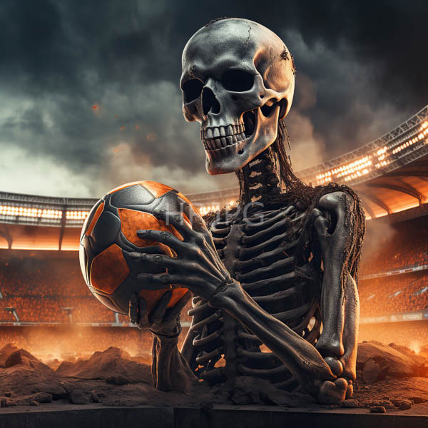 High Resolution: Skeletal figure with a human skull holds an orange and black soccer ball in a dimly lit smoky stadium showing detailed ribcage and bones download. | HRJPG.com