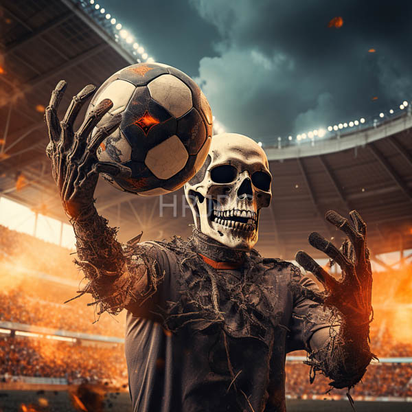 High Resolution: Skeletal figure with tattered charred clothing holds a soccer ball in a burning stadium with darkened cracked bones and glowing embers scattered around download. | HRJPG.com