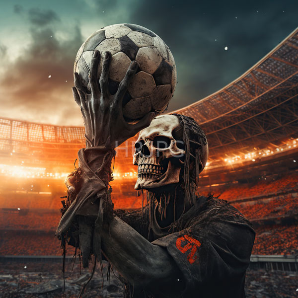 High Resolution: Skeletal figure with dreadlocked hair holds a soccer ball above its head in a large illuminated stadium at sunset wearing a tattered dark jersey download. | HRJPG.com