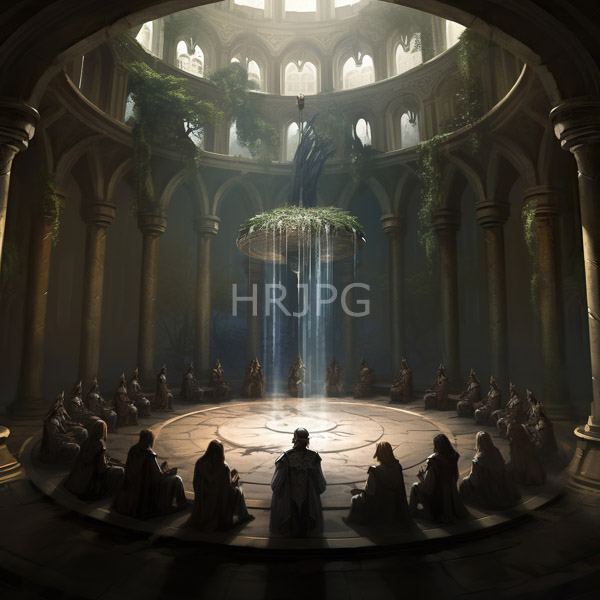High Resolution: Circular ancient stone amphitheater with tall arched columns is illuminated by sunlight streaming through a central vine-covered dome onto a figure facing the audience download. | HRJPG.com