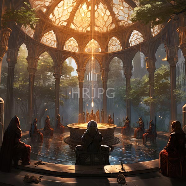 High Resolution: Sunlit circular glass-domed pavilion with intricate arches features a central fountain surrounded by robed hooded figures seated on stone benches download. | HRJPG.com