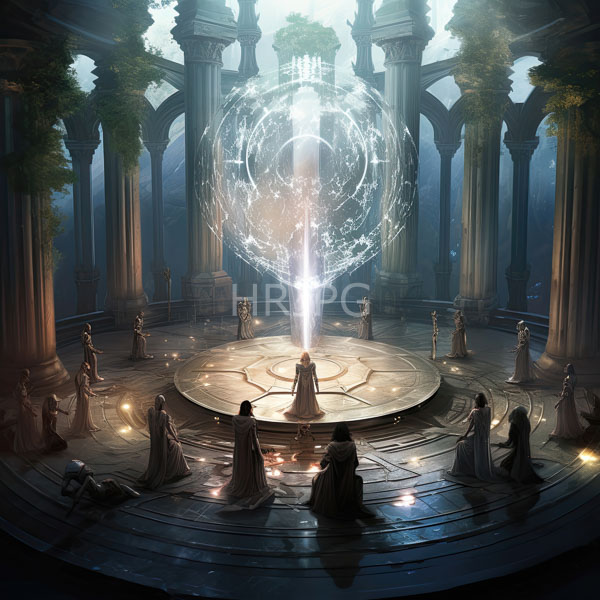 High Resolution: Circular illuminated temple with tall columned arches features a lone robed figure standing on a glowing circular platform surrounded by a radiant spherical light download. | HRJPG.com