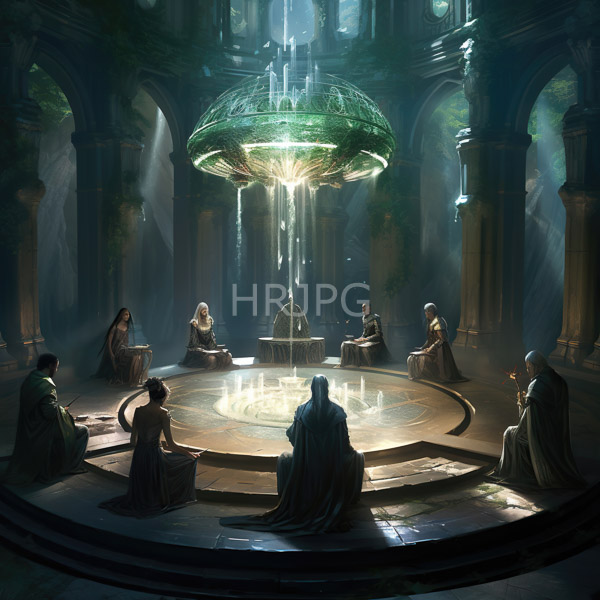 High Resolution: Circular illuminated stone platform in a grand dimly-lit ancient temple features eight robed figures seated around it facing a central glowing green dome-shaped light download. | HRJPG.com